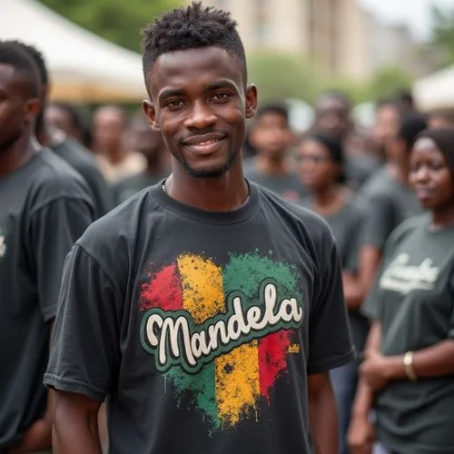 organization  supporting the community on mandela day wearing bnu  t shirt ,there is a man standing in front of a group of people,mindaoudou,angolan,angolans,bangoura,mamadou,mbandaka