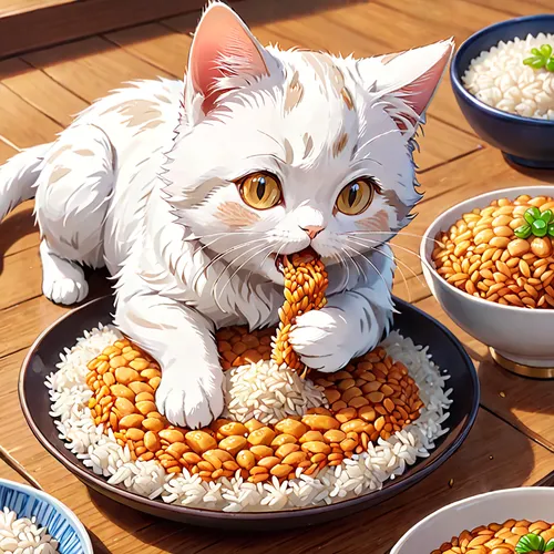 ricebean,rice meat,cat food,bowl of rice,ears of rice,curry puff,shrimp bean ball,étouffée,small animal food,soup beans,rice ball,navy beans,rice dish,lentil,bun cha,cat's cafe,cute cat,miso,chana masala,ramen,Anime,Anime,General