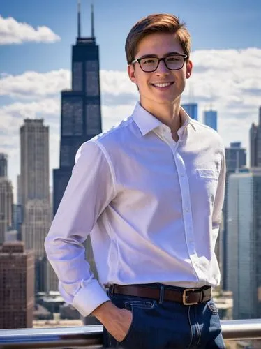 Young adult, male, architect, entry-level, Chicago, standing, confident pose, black-framed glasses, short brown hair, casual smile, white shirt, dark blue jeans, black dress shoes, holding a blueprint