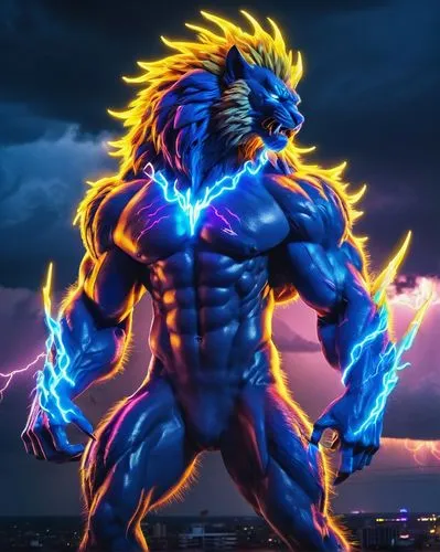 Fantasy creature, lightning beast, muscular body, electric blue fur, glowing yellow eyes, sharp claws, powerful legs, stormy weather, dark clouds, flashes of lightning, dramatic lighting, 3/4 composit