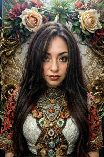 rosa ' amber cover,fantasy portrait,girl in a wreath,portrait background,celtic queen,the enchantress,fantasy woman,persian,vanessa (butterfly),beautiful girl with flowers,boho art,moana,fae,rosa 'the fairy,mystical portrait of a girl,rose png,jaya,elven flower,boho background,artemisia