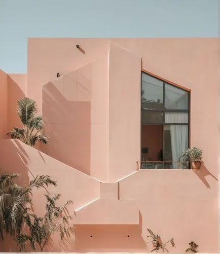 Puedes crear la fachada de una casa que se parezca al dibujo,usando color nude y las ventanas cuadradas ,there are a few palm trees outside the house,mahdavi,pink squares,pink city,corbu,dunes house,g