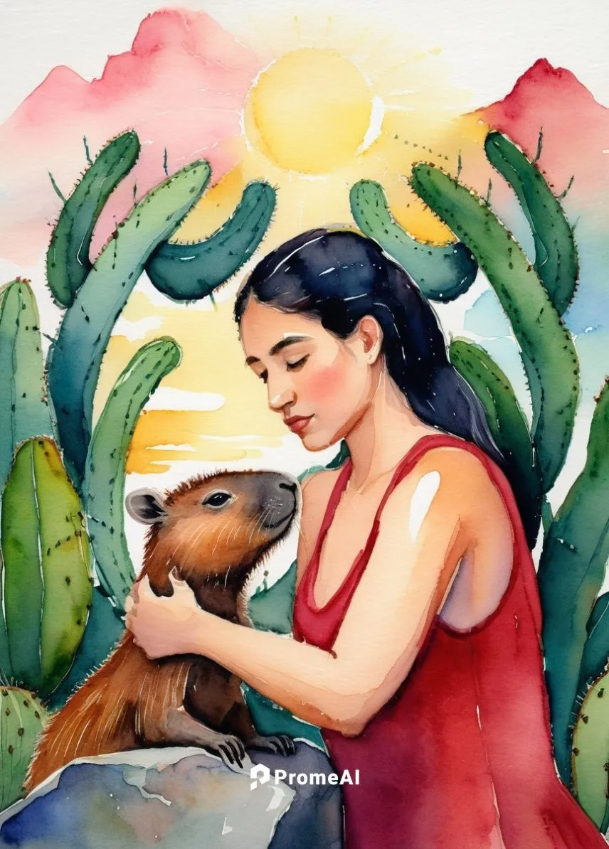 Watercolor style painting of a Brazilian girl caressing for a capybara standing on a stone. There are impressionist cacti behind her,girl with dog,watercolor dog,frida kahlo,kahlo,watercolor backgroun