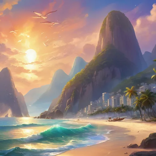 brazilian beach,beach landscape,fantasy landscape,rio,beach scenery,dream beach,landscape background,world digital painting,mountain beach,coastal landscape,tropical sea,copacabana,tropical beach,rio de janeiro,an island far away landscape,paradise beach,ponta do sol,beautiful beach,beautiful beaches,sunrise beach,Illustration,Realistic Fantasy,Realistic Fantasy 01