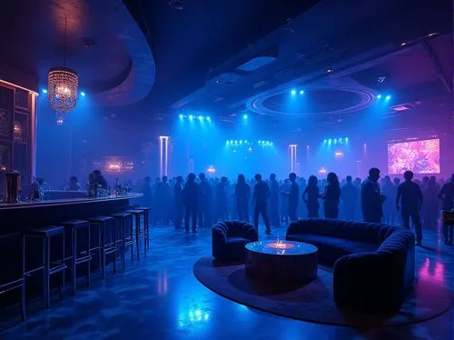 Dark nightclub interior, Prussian blue walls, neon lights reflecting off glossy surfaces, luxurious velvet sofas, metallic chairs with chrome legs, DJ booth with LED lights, crowded dance floor, peopl