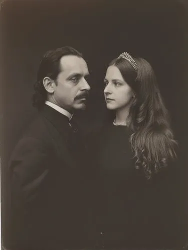 Official black and white photo double portrait of Their Majesties King Charles I and Queen Olga of Württemberg.,a man and woman wearing black in an old po,bunuel,ziegfeld,billeaud,forsyte,ninotchka,gu