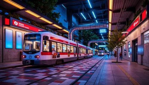 Vibrant tram station, neon-colored accents, bold geometric patterns, bright LED lights, iridescent glass tiles, metallic surfaces, reflective stainless steel, industrial-style signage, urban landscape