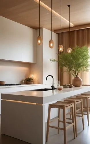 Design a space inspired by the fusion of Japanese and Nordic styles. The environment should be minimalist, with soft and natural tones that evoke calm and serenity. Use light wood for furniture and ac