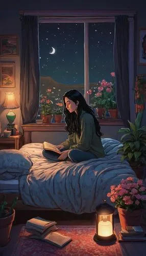 girl studying,night-blooming jasmine,night scene,romantic night,sogni,marceline,Illustration,American Style,American Style 03