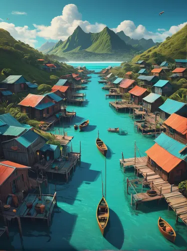 fishing village,floating huts,bora-bora,popeye village,over water bungalows,tahiti,bora bora,floating islands,harbor,southeast asia,polynesia,moorea,south pacific,seaside resort,boat harbor,islands,monkey island,resort town,docks,seaside country,Conceptual Art,Sci-Fi,Sci-Fi 11