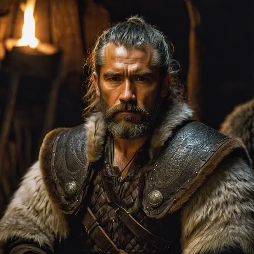 40 year old man, gray viking hairstyle, fur and leather armor, serious, inside longhouse, night time, defined jawline, muscular, large beard,,a man in a costume is holding his hands together,ragnar,ni