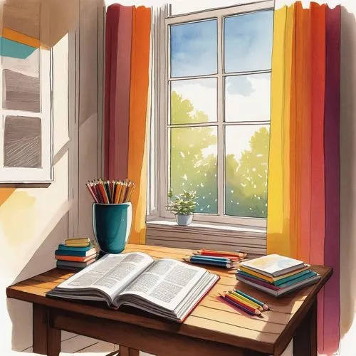 study room,study,rainbow pencil background,window sill,background vector,sunroom,wooden windows,studies,girl studying,tea and books,coffee and books,colorful doodle,bay window,watercolor background,studyworks,restudy,colored pencil background,windowsill,classroom,book illustration,Art,Artistic Painting,Artistic Painting 24