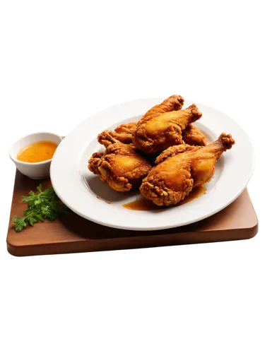 Crispy fried chicken, golden brown skin, juicy meat, drumsticks, wings, thighs, mouthwatering, appetizing, savory aroma, steam rising, white plate, wooden table, warm lighting, shallow depth of field,