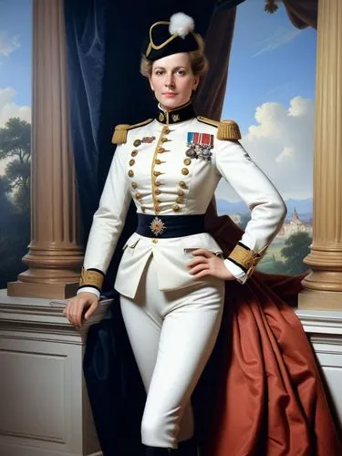 Fit my distinguished Prussian friend, Colonel-General Ficky-Louise von Manteuffel, with a tight-fitting ladies' uniform.,a woman wearing white and gold uniform with a red cape,napoleon bonaparte,timos