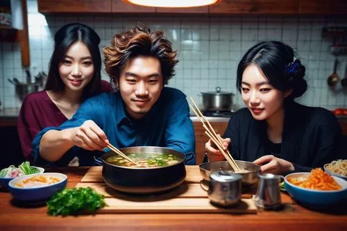 Hot pot, AI art maker, steam rising, savory aroma, warm lighting, modern kitchen, sleek countertops, stainless steel pot, wooden table, two people sitting, one male, one female, casual clothes, messy 