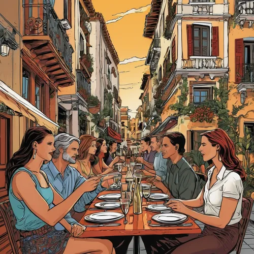 sicilian cuisine,cuisine of madrid,bistrot,mediterranean cuisine,restaurants,women at cafe,seville,aix-en-provence,palma de mallorca,aperitif,south france,spanish cuisine,bistro,a restaurant,paris cafe,spain,provencal life,arles,the balearics,placemat,Illustration,American Style,American Style 04