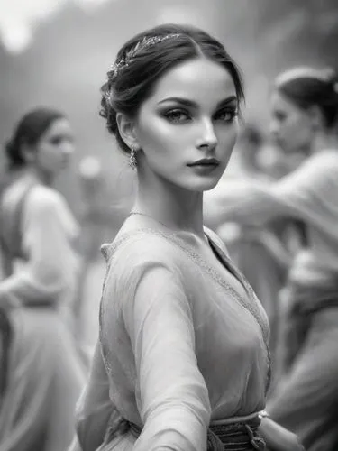 Black and white quality photograph of a wild dancer from the south; very pretty. The others are blurred.,woman in white gown with dress on by mirror image,padme,margairaz,margaery,hypatia,lucretia,mis