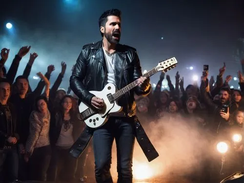 Kris Klafford, male, musician, 40s, short black hair, stubble beard, black leather jacket, white shirt, dark blue jeans, black boots, holding guitar, standing, rock concert stage, spotlights, fog mach