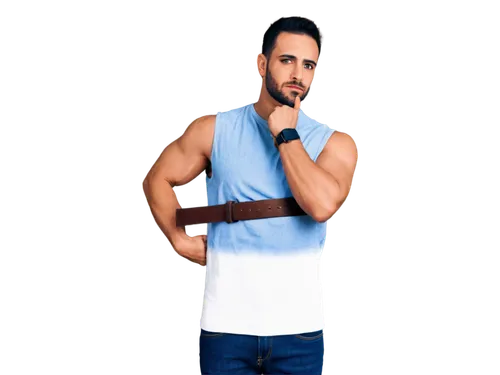 Muscular man, Azadi Mubarak, solo, (30yo), strong facial features, short black hair, trimmed beard, intense gaze, white sleeveless shirt, dark blue jeans, brown leather belt, standing, powerful pose, 