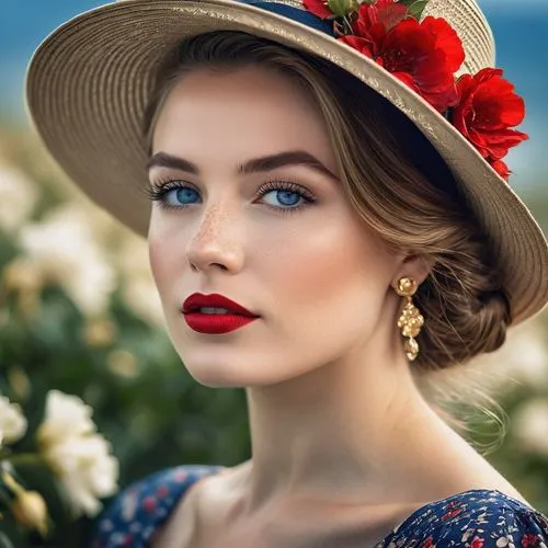 girl wearing hat,red hat,beautiful bonnet,romantic look,vintage woman,romantic portrait,Photography,General,Realistic