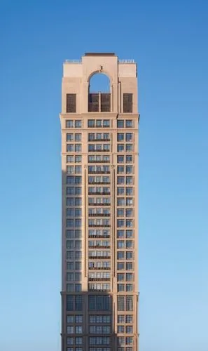 create a realistic rendering of a traditional limestone hotel building. sandstone exterior. a tower in the New York sky. put New York skyline in the background. more polished. clean bright reflective 