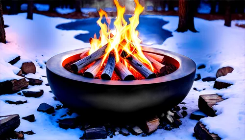 Cozy fire pit, winter atmosphere, stone surround, wooden logs, burning flames, smoke rising, warm glow, soft lighting, 3/4 composition, shallow depth of field, rustic texture, natural material, evenin