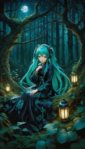 hatsune miku,rusalka,miku,vocaloid,rem in arabian nights,moonlit night,forest dark,blue enchantress,moonlit,the sleeping rose,light of night,blue moon rose,queen of the night,moonlight,forest background,dryad,forest of dreams,aqua,menta,luna,Illustration,Realistic Fantasy,Realistic Fantasy 08