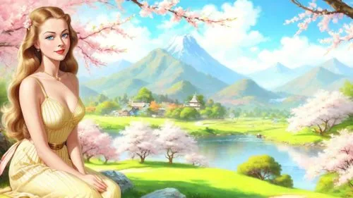 Romantic masterpiece oil painting, cute busty girl portrait, short sundress, sitting, nostalgic 1950's style kitsch, breathtaking beautiful oriental landscape, majestic exotic rural countryside, Japan