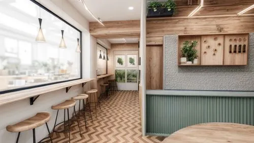 Modern small cafe with rustic peach, navy blue, beige colors and charming vibes with full of lighting. there are some green plants also.,tile kitchen,patterned wood decoration,wooden planks,kitchenett