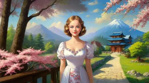 Romantic masterpiece oil painting, cute girl portrait, nostalgic 1950's style kitsch, beautiful exotic rural vast Japanese landscape, cherry blossom scenery, Shinto Japanese sakura, flower petals, by 