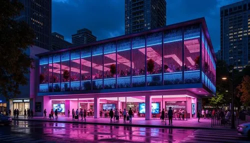 Neon-lit futuristic fitness club facade, metallic mesh exterior, LED light strips, angular lines, minimalist design, cantilevered rooflines, floor-to-ceiling windows, mirrored glass surfaces, high-tec