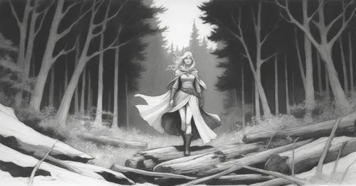 sketch, woman, forestry background, black and white,a woman is walking in the woods,mirkwood,ballerina in the woods,finrod,elven forest,in the forest,elven,dryad,forest work,thranduil,forest,the fores