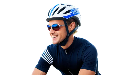 Bicycle helmet, white and blue stripes, shiny surface, aerodynamic shape, ventilation holes, adjustable strap, chin guard, solo, male rider, muscular arms, athletic wear, sunglasses, smiling face, lea