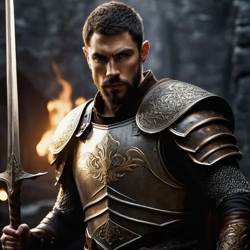 Male, muscular, half-elf, warrior, 30yo, short brown hair, scar above left eyebrow, golden earring, beard, leather armor, silver sword, shield with emblem, standing, heroic pose, stone background, tor