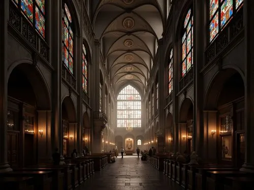 Majestic cathedral, grandiose stained glass windows, soft warm lighting, ethereal ambiance, subtle shadows, intricate stone carvings, ornate frescoes, golden accents, sacred icons, mystical atmosphere