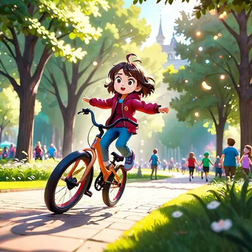 take random bike, maki it dancing in park,southpark style,summer,kids illustration,little girl running,bike kids,biking,little girl in wind,flying girl,cycling,children's background,bicycle ride,bicyc