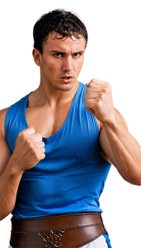 Fist, punching motion, dynamic pose, clenched hand, flexed arm, masculine build, athletic wear, sporty background, intense facial expression, sweat droplets, dramatic lighting, close-up shot, shallow 