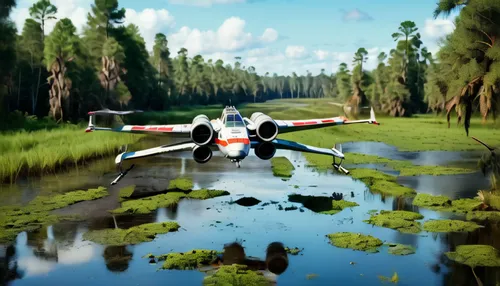 x-wing,tiltrotor,delta-wing,alligator alley,seaplane,jetsprint,air combat,sport aircraft,light aircraft,swampy landscape,plane wreck,cessna 206,north american p-51 mustang,radio-controlled aircraft,gr