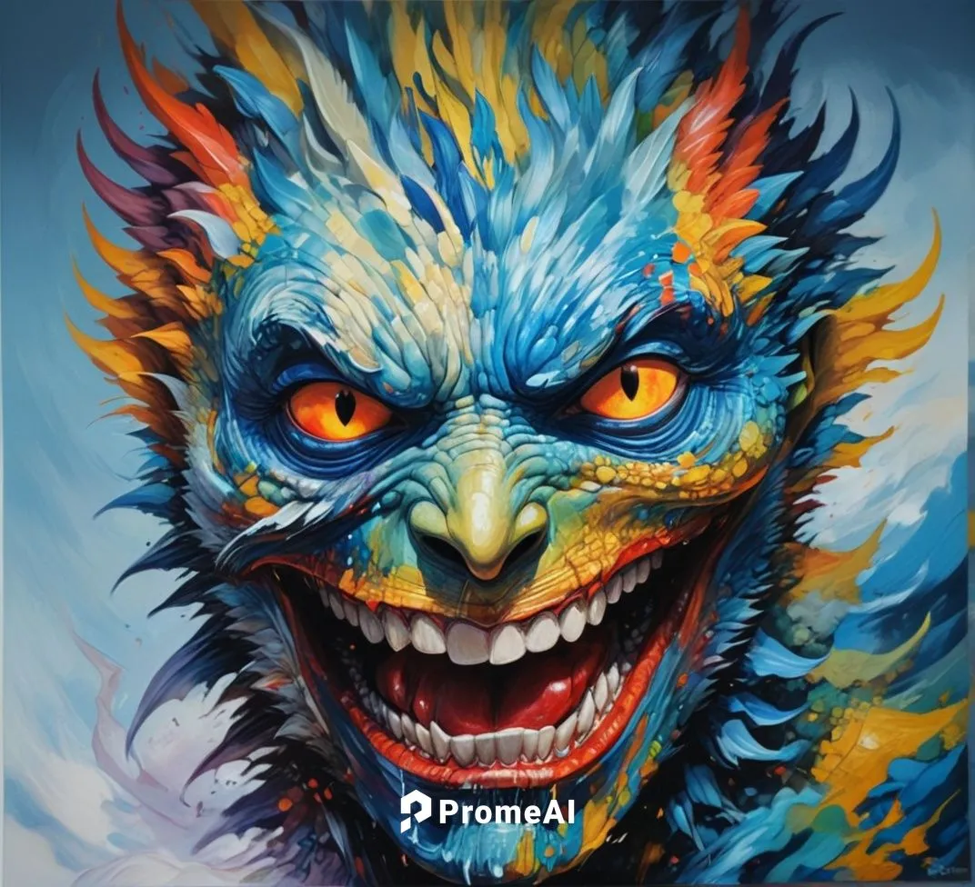 krampus,painted dragon,blue demon,blue monster,supernatural creature,patung garuda,garuda,snarling,horror clown,glass painting,bodypainting,lokportrait,werewolf,white walker,scary clown,fractalius,gar