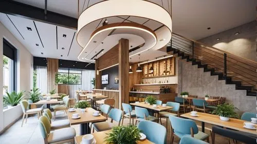 Generate a sketch of a modern coffee shop interior. The space should feature a cozy, minimalist design with warm lighting. Include wooden tables, comfortable seating areas with cushions, and a counter