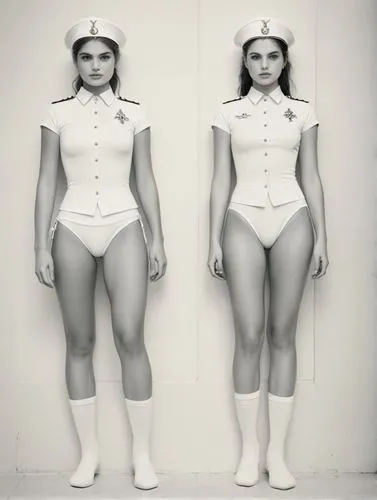 Black and white picture of the Monegasque palace guards in their new white sailor bikini uniforms.,two women wearing white uniform and no pants, one in a sailor uniform,stewardesses,stewardess,girdles