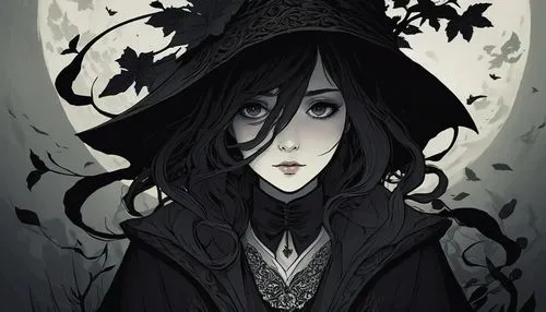 gothic woman,hecate,crone,strix,isoline,the witch,witch,witchfinder,darkling,bewitching,halloween witch,gothic portrait,wiccan,samhain,malefic,witchery,sorceress,marceline,covens,bewitch,Illustration,Black and White,Black and White 02