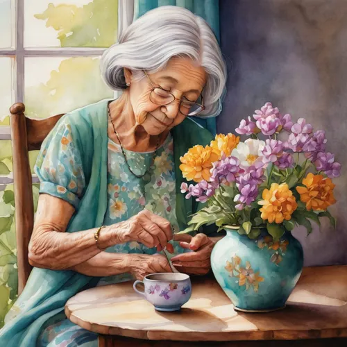 flower painting,flower arranging,elderly lady,watercolor painting,junshan yinzhen,janome chow,glass painting,oriental painting,grandmother,old woman,art painting,flower art,pouring tea,woman drinking coffee,meticulous painting,watercolor tea,watercolor paint,oil painting,hand painting,elderly person,Conceptual Art,Daily,Daily 34