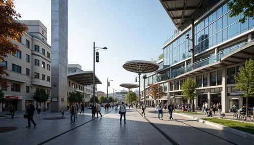 Modern tram station, curved steel beams, sleek glass roofs, cantilevered canopies, futuristic architecture, urban landscape, busy streets, morning commute, soft natural light, shallow depth of field, 