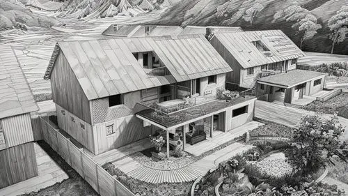 house in mountains,house in the mountains,timber house,house drawing,dunes house,escher village,escher,mountain huts,mountain hut,log home,eco-construction,wooden house,the cabin in the mountains,cubi