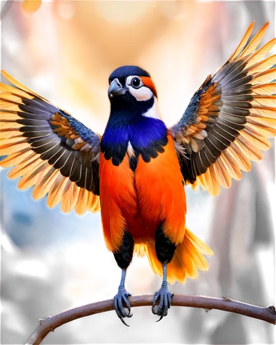 Bird, perched, wings spread, bright plumage, vibrant colors, black beak, round eyes, morning light, soft focus, 3/4 composition, warm tone, cinematic lighting, detailed feathers, natural pose.,garriso