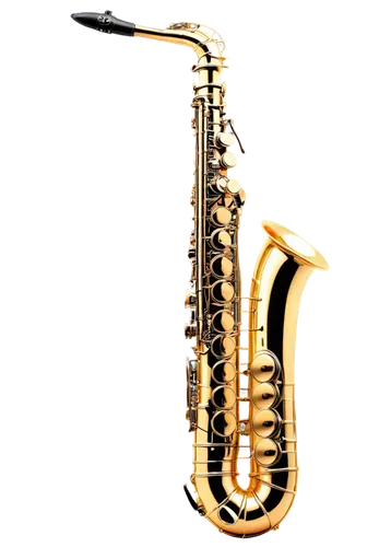 Shiny brass saxophone, curved body, three buttons, keys, mouthpiece, neck strap, reflective surface, smooth texture, wooden background, warm lighting, close-up shot, 3/4 composition, shallow depth of 