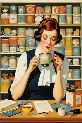 woman drinking coffee,girl with cereal bowl,woman with ice-cream,woman eating apple,woman holding pie,meticulous painting,girl with bread-and-butter,darjeeling tea,girl in the kitchen,british tea,sewing room,teatime,tea drinking,tea and books,cream tea,vintage illustration,yeast extract,tea tin,pouring tea,seamstress,Illustration,Retro,Retro 15