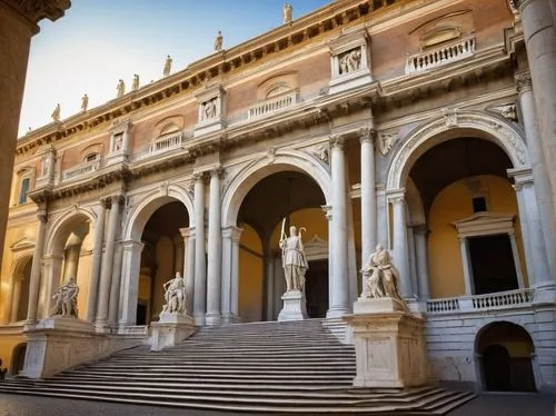 Grandiose Rome, fascist architecture style, grand monument, imposing columns, marble material, ornate details, symmetrical composition, arches, grand staircase, ornate fountain, statue of historical f