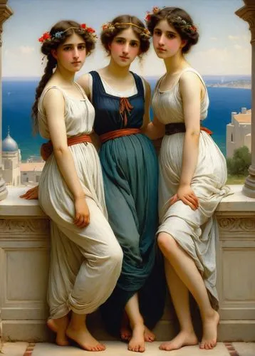 the three graces,rhinemaidens,bouguereau,maidens,apollo and the muses,hesperides,eleusinian,raphaelites,bougereau,godward,alcestis,thrasyllus,lysistrata,muses,quartette,academicism,togas,canonesses,charmides,solstices,Art,Classical Oil Painting,Classical Oil Painting 42